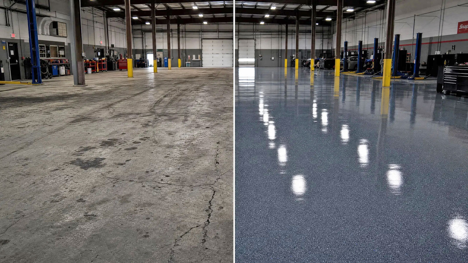 Commercial floor coating before and after — auto shop in Mobile AL